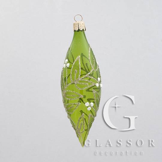 Glass Olive Transparent Green with Gold & White Mistletoe Decor 15x5cm