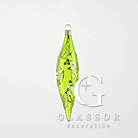 Glass Drop Transparent Green with Gold & White Mistletoe Decor Slim 16cm
