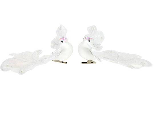 Clip, White Iridescent Bird with Filigree Wings and Tail