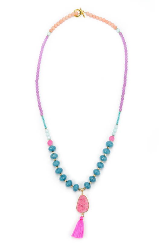 Necklace, Vibrant Coloured Jade with Rock Crystal & Tassel