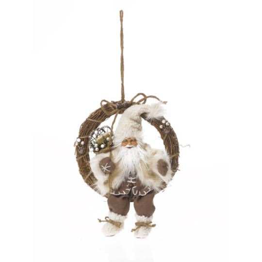 Christmas Wreath Santa w Cream/Brown Outfit Sitting in Twig Wreath 40cm