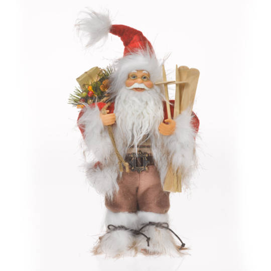 Santa 30 cm Red Coat, Brown Pants w/ Wooden Skis and Poles