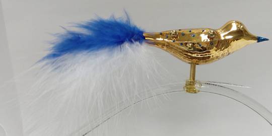 Glass Bird Clip Gold with Blue Baubles and Blue & White Tail Feathers 6cm