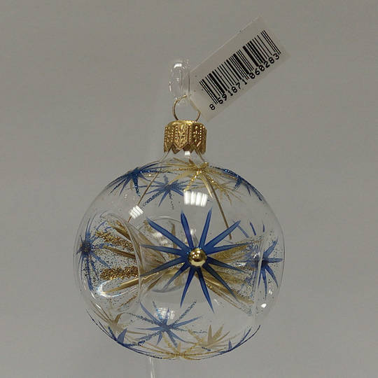 Glass Ball Clear with Blue and Matt Gold Stars 6cm