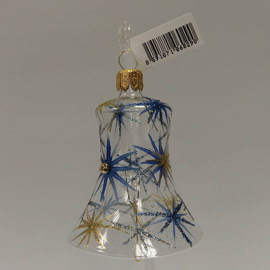 Glass Bell Clear with Blue and Matt Gold Stars and Stones 8cm
