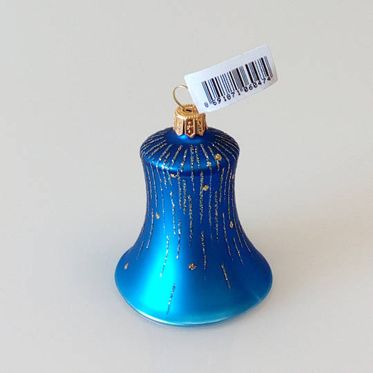Glass Bell Matt Metallic Blue with Blue & Gold Stripes 8cm