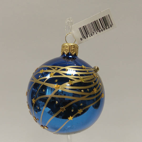 Glass Ball Metallic Blue with Matt Gold Stripes and Stars 6cm