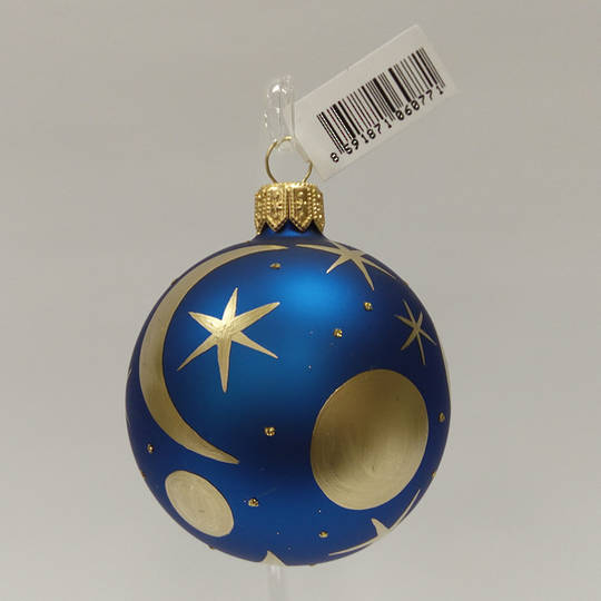 Glass Ball Matt Metallic Blue with Matt Gold Moons And Stars 6cm