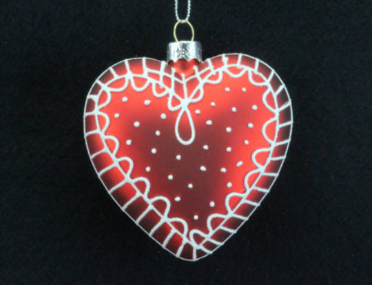 Glass Heart Matt Red with White Scandinavian Pattern 8cm