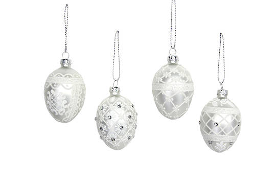 Hanging Glass Egg, White and Silver, Small
