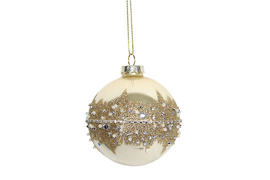 Hanging Glass Ball, Cream with Thick Gold Band