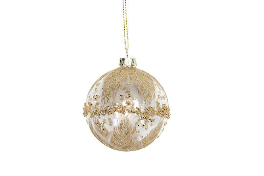 Hanging Glass Ball, Clear with Gold Band/Feathers