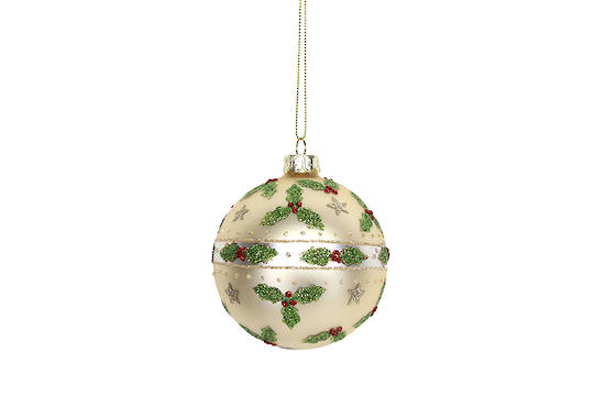 Hanging Glass Ball, Matt Gold with Holly and Glitter Stars