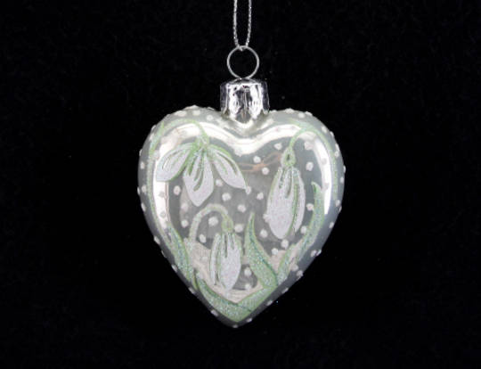 Glass Heart Pearlised White w/ Snowdrops