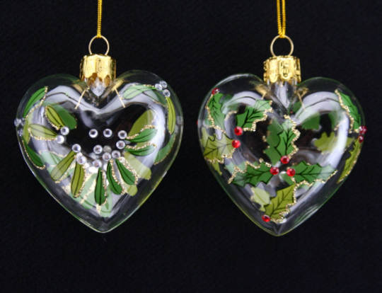 Glass Heart Holly or Mistletoe 6cm