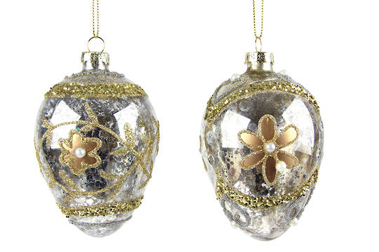 Glass Hanging Faberge Egg, Silver w/Gold Flower