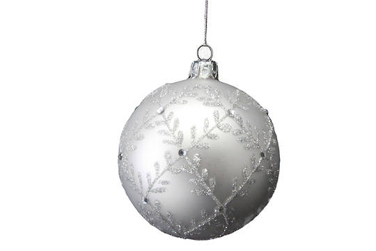 Glass Ball Matt Silver with Gltter Leaf Trellis 8cm