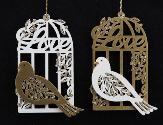 Wood Fretwork Gold & Cream Birdcage with Dove