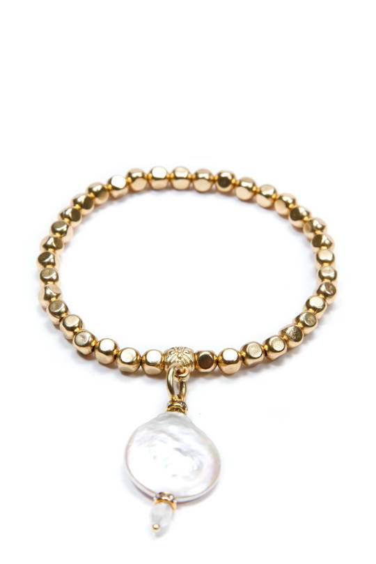 Bracelet, Gold Beads with Fresh Water Pearl Disc Charm