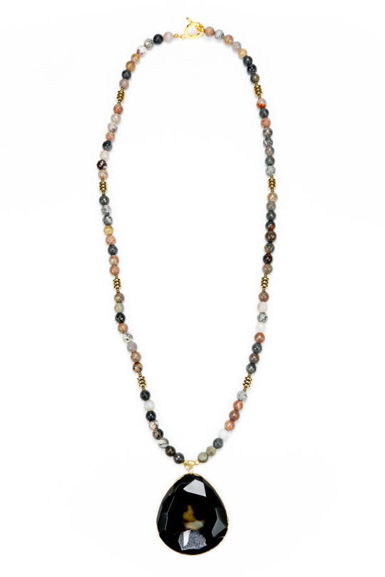 Necklace, Dark Natural Agate with Gold Spacer and Rock Crystal Pendant