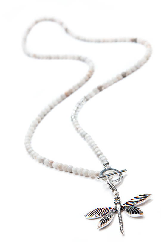 Necklace, Natural Howlite with Silver Dragonfly