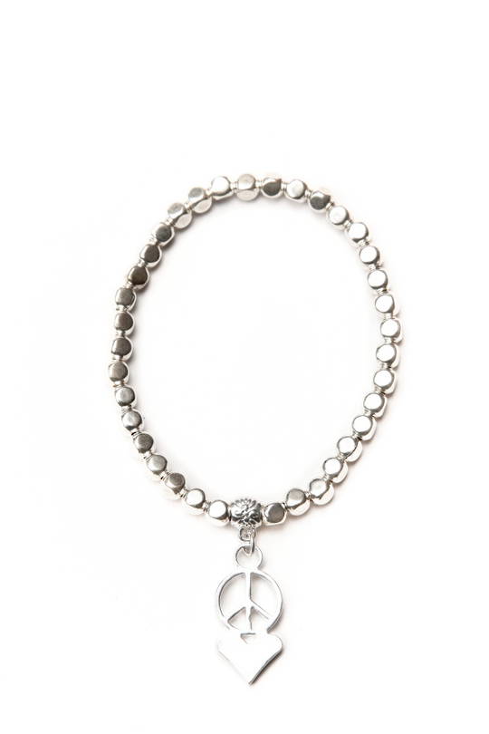 Bracelet, Silver Beads with Peace Love Charm