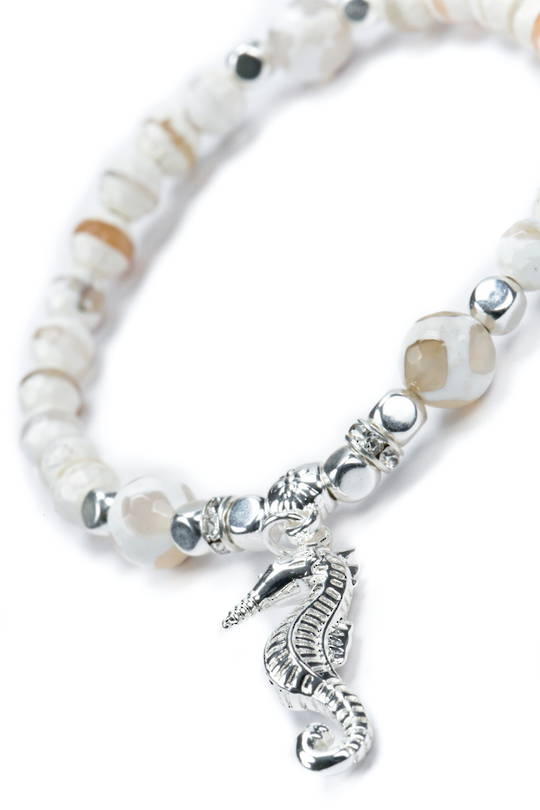 Bracelet, Cream & Caramel Motteled Agate with Seahorse