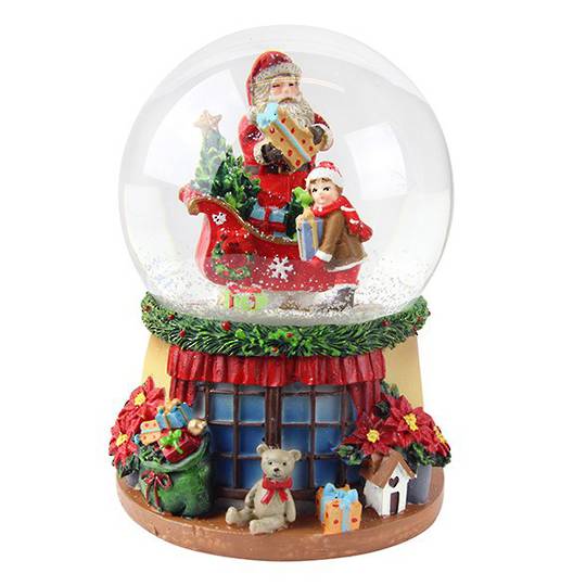 Musical SnowGlobe. Santa, Sleigh & Child, Window Sill Base 14cm