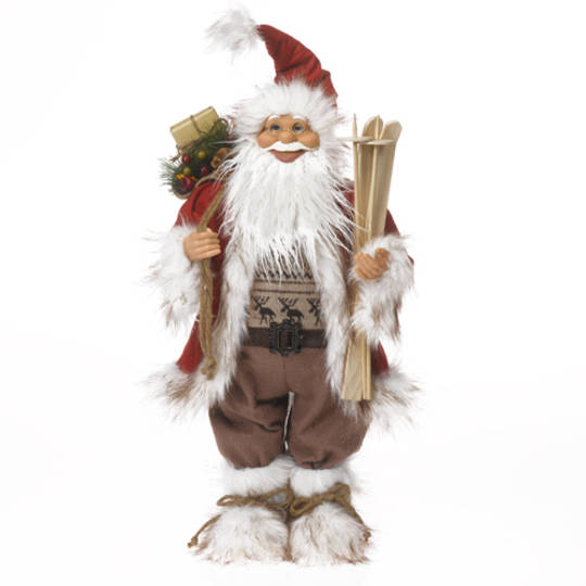 Santa Red/White/Brown Scandinavian w/Wooden Skis & Poles, LED Lights 62cm