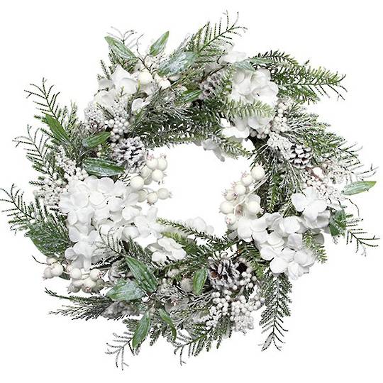 Wreath, Snowy Leaves, White Flowers & Berries
