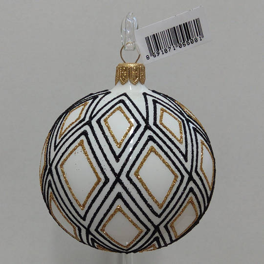 Glass Ball White with Black and Gold Diamond Decor 8cm