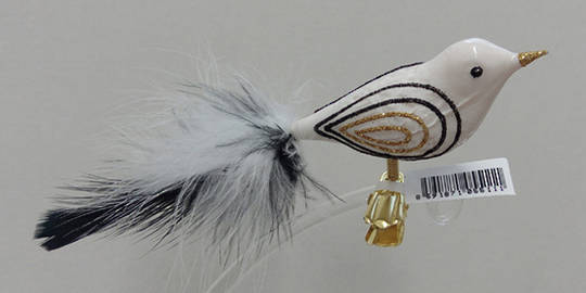 Glass Bird Clip White with Black And Gold Decor And Feathers 6cm