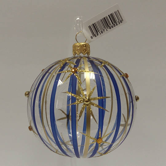 Glass Ball Clear with Blue and Matt Gold Stripes and Stars 8cm