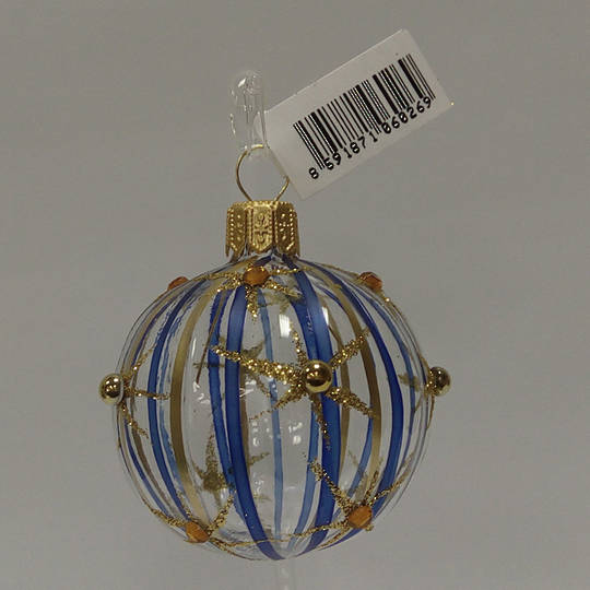 Glass Ball Clear with Blue and Matt Gold Stripes and Stars 5cm