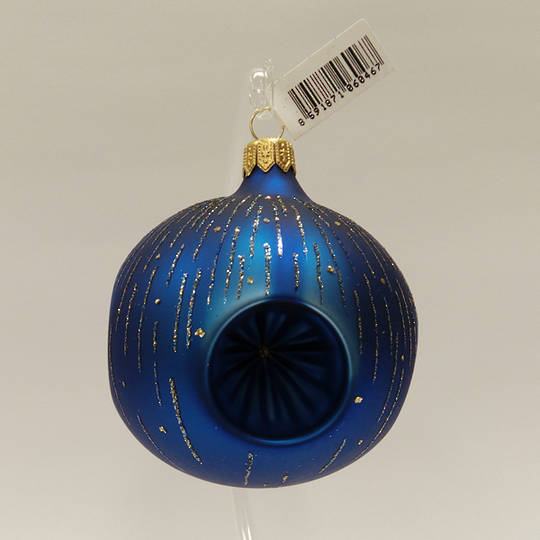 Glass Ball with 4 Reflectors. Matt Metallic Blue with Blue & Gold Stripes 8cm