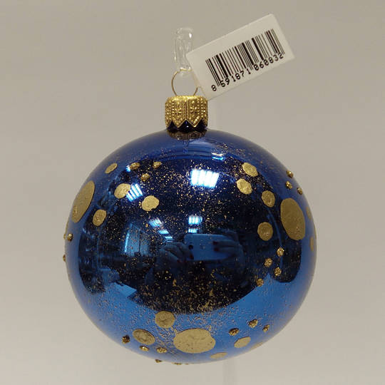 Glass Ball Metallic Blue with Matt Gold Dots and Gold Decor 8cm
