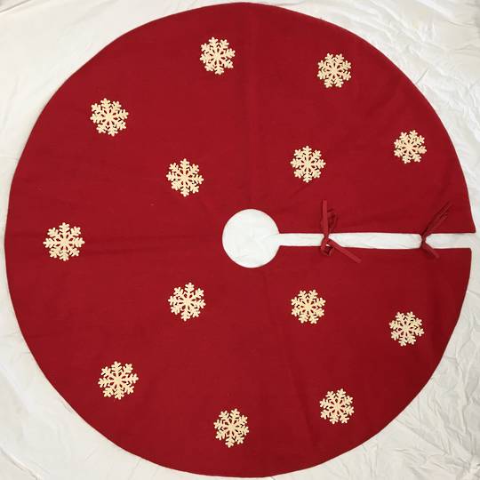 Xmas Tree Skirt, Red Felt with White Felt Snowflakes