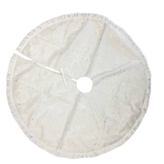 Xmas Tree Skirt, White with Silver Stars and White Fringe