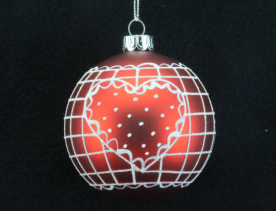 Hanging Glass Ball Matt Red w/White Lined Check and Heart 8cm