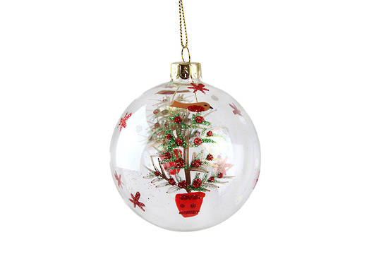 Hanging Glass Ball Clear, Robin in Xmas Tree