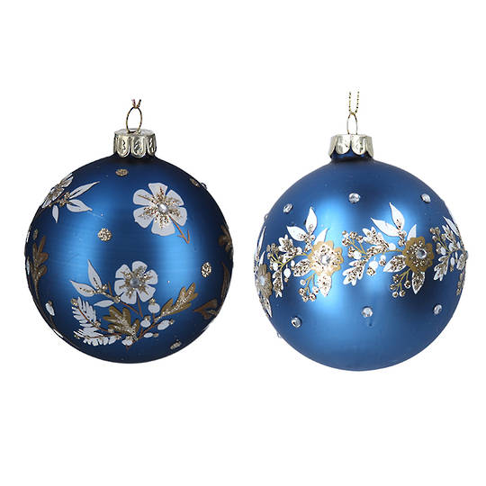 Glass Ball Matt Blue with Flowers 8cm