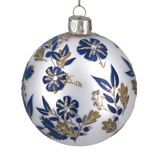 Glass Ball Matt White with Blue Flowers 8cm