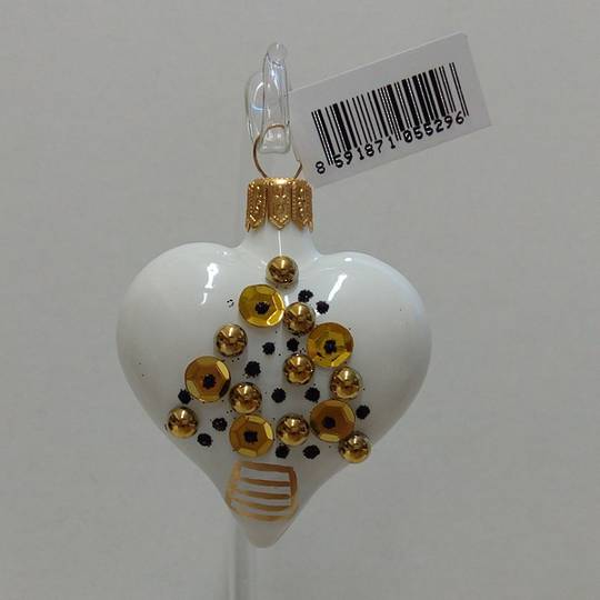 Glass Heart White with 3D Gold & Black Decor of Tree. 8cm